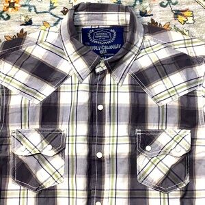 🌵GPH SUPPLY CO White Grey Plaid Western Style Pearl Snap Roll Tab Long Sleeve